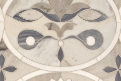 Beatrice Grandiose, a waterjet stone mosaic, shown in honed Angora, Cashmere, Dolomite, and Greystoke, was designed by Caroline Beaupère for New Ravenna.