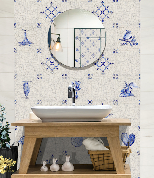 Delft, a hand-cut cut jewel glass mosaic, shown in Opal Sea Glass™ with jewel glass Lapis Lazuli, Iolite, and Covelite, is part of the Sea Glass™ Collection by New Ravenna.