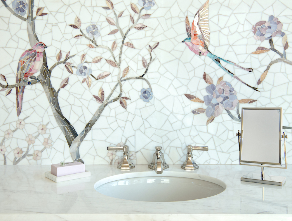 Chinoiserie, a hand-cut glass mosaic, shown in Desert Rose, Lace Agate, Fluorite, Galena, Lavastone, Sardonyx, Chrysocolla, Turquoise, Rose Quartz, Amber, Agate,with Sea Glass Absolute White, is part of the Heritage Collection by New Ravenna.