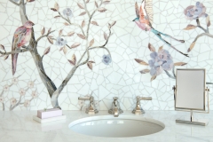 Chinoiserie, a hand-cut glass mosaic, shown in Desert Rose, Lace Agate, Fluorite, Galena, Lavastone, Sardonyx, Chrysocolla, Turquoise, Rose Quartz, Amber, Agate,with Sea Glass Absolute White, is part of the Heritage Collection by New Ravenna.