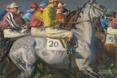 Sir Alfred Munnings, P. R. A. (British, 1878–1959). Linin’ ‘em Up, Newmarket, ca. 1940–53. Oil on panel, 19 3/4 x 23 1/2 in. Virginia Museum of Fine Arts, Richmond, Paul Mellon Collection, 96.24. Image © Virginia Museum of Fine Arts. Photo: David Stover