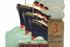 Cunard Desk Sign; Kay of Austria, New York, New York, The Big 3 to France and England. Cunard tourist office sign depicting Berengaria, Aquitania and Mauretania, about 1925. Painted wood. Collection of Stephen S. Lash. © 2016 Peabody Essex Museum. Photo by Stephen Petegorsky