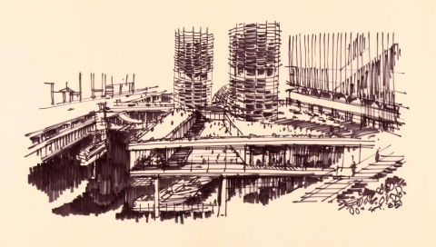 Preview | Download (396.1 KB) Bertrand Goldberg. Marina City, Chicago, Illinois, Perspective Looking West, 1985. The Art Institute of Chicago. The Archive of Bertrand Goldberg, gifted by his children through his estate