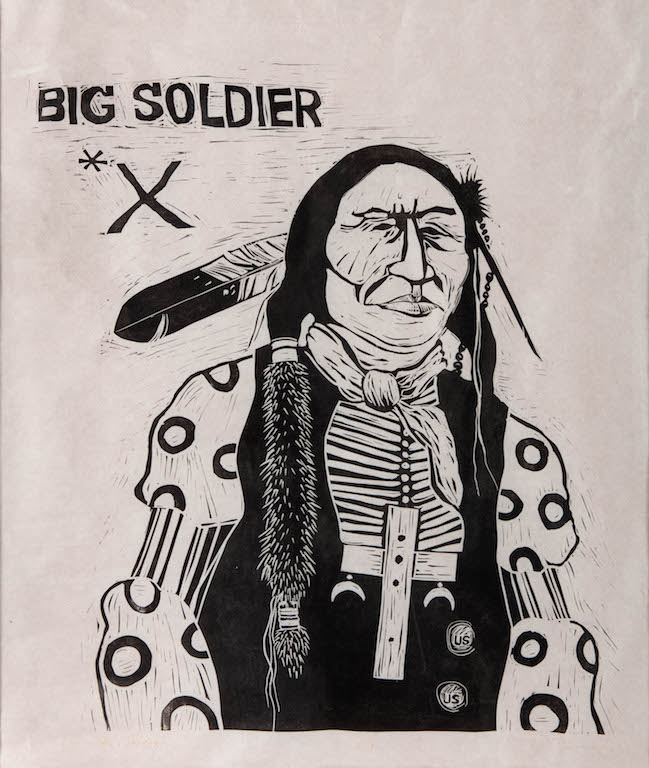 T. C. Cannon (1946–1978, Caddo/Kiowa), Big Soldier, 1971. Linocut. Collection of Michael and KathrynLord. © 2017 Estate of T. C. Cannon. Photo by Addison Doty.