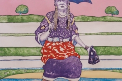 T. C. Cannon (1946–1978, Caddo/Kiowa), Waiting for the Bus (Anadarko Princess), 1977. Lithograph.Anne Aberbach + Family, Paradise Valley, Arizona. © 2017 Estate of T. C. Cannon. Photo by ThoshCollins.