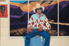 T. C. Cannon (1946–1978, Caddo/Kiowa), Self-Portrait in the Studio, 1975. Oil on canvas. Collection ofRichard and Nancy Bloch. © 2017 Estate of T. C. Cannon. Photo by Addison Doty.