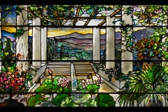 Tiffany Studios, Garden Landscape Window , 1900–1910, leaded glass. Photograph by John Faier. © 2013 Driehaus Museum