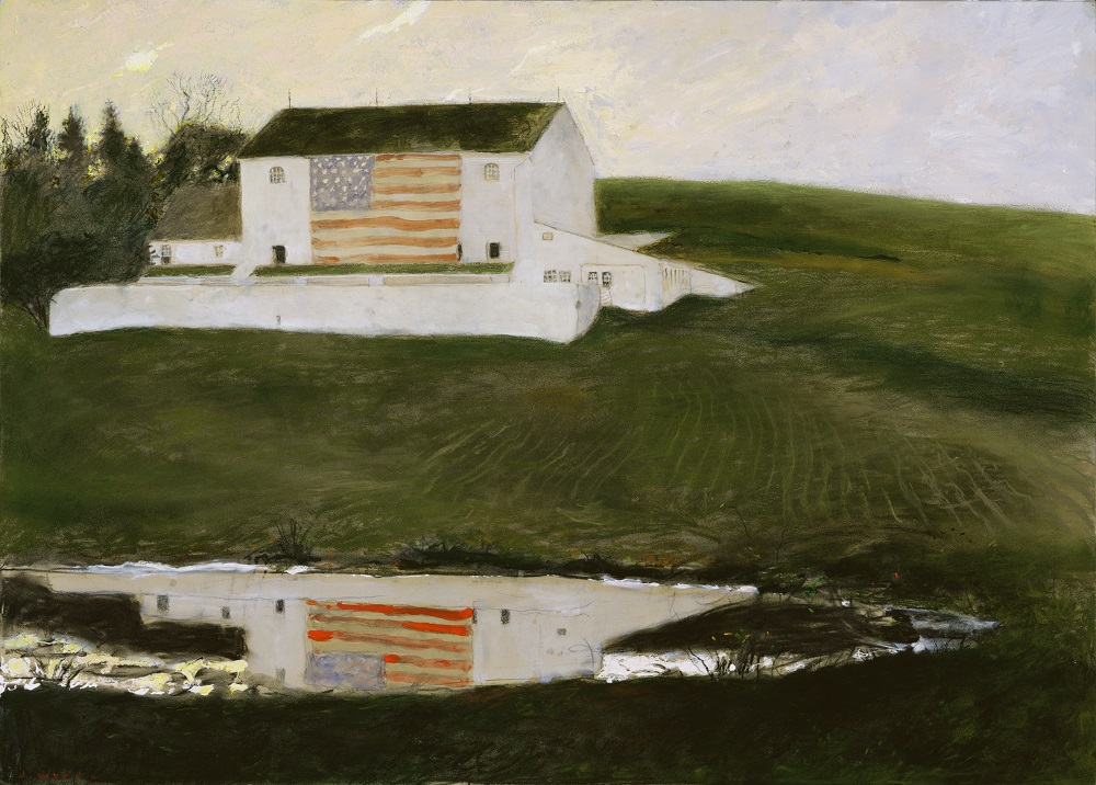 Jamie Wyeth (American, b. 1946) Patriot’s Barn, 2001 Mixed media on toned board Bank of America Collection ©2020 Jamie Wyeth/Artists Rights Society (ARS), New York