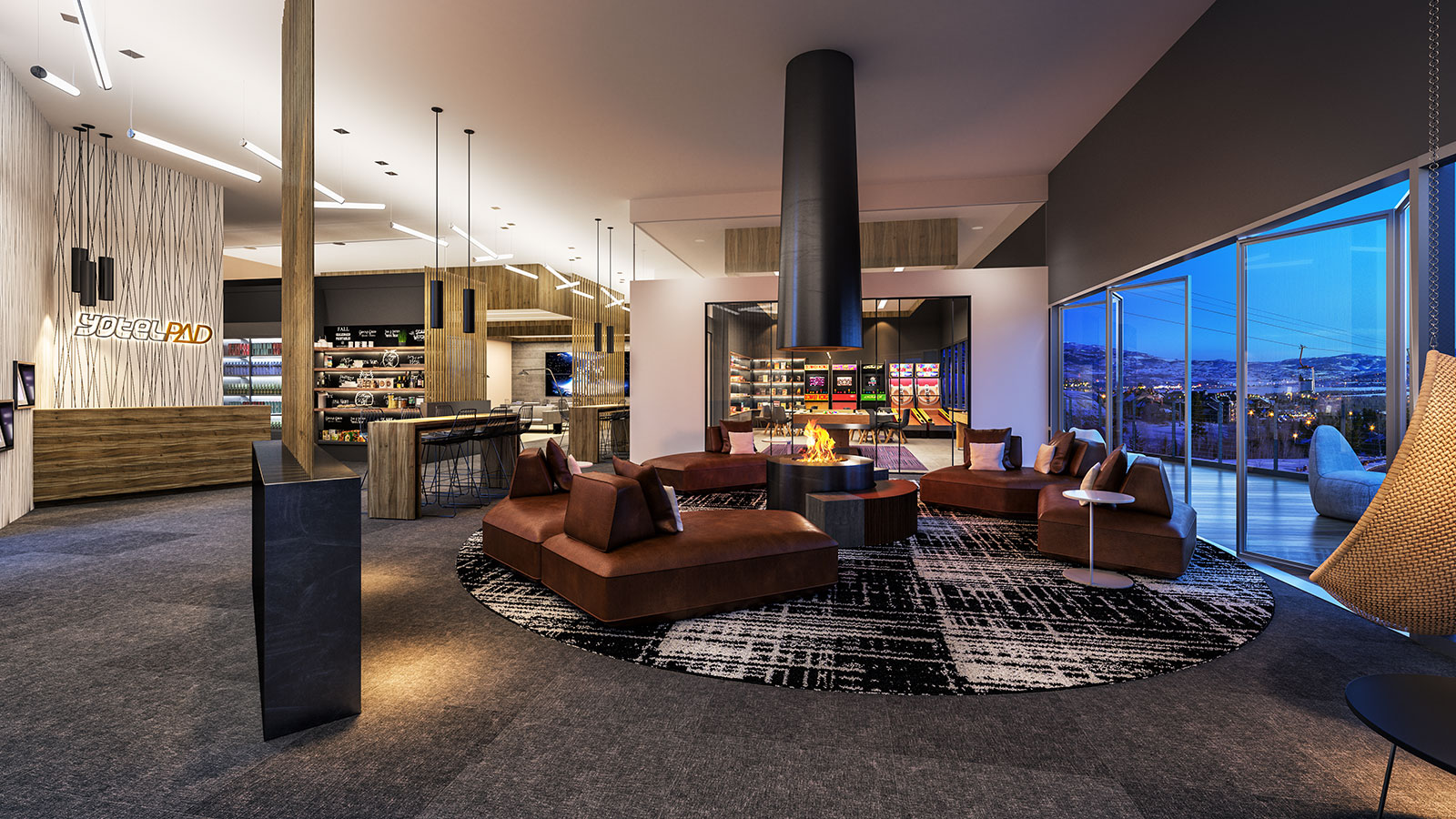 YotelPad: Social spaces, fireplace and lounge