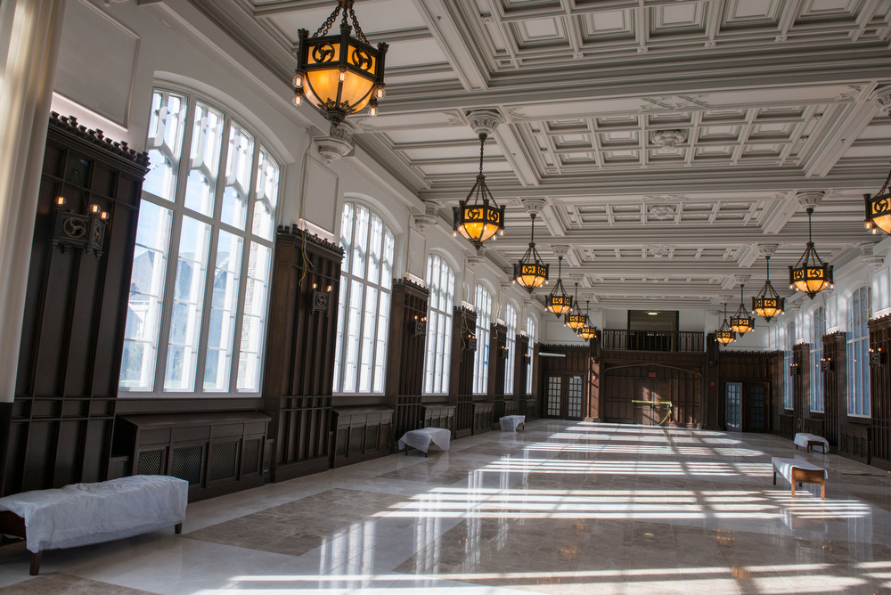 Heritage Hall, a former campus dining area, is the historic centerpiece of the new renovations to Father O\'Connell Hall along Michigan Ave. at The Catholic University of America in Washington, D.C. Ed Pfueller/The Catholic University of America